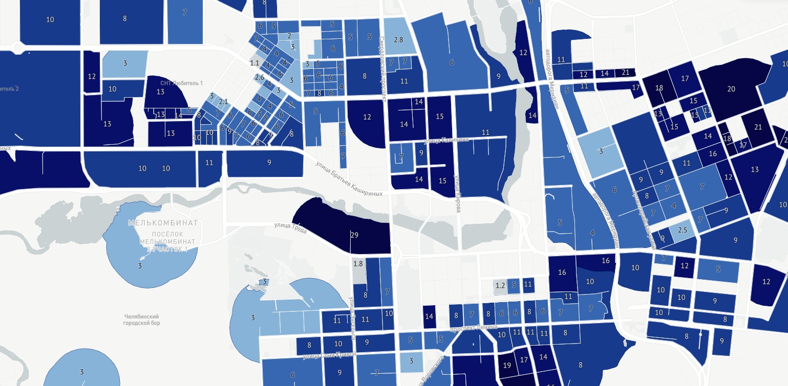 A map of Omsk, indicating beer shops per 10k apartments